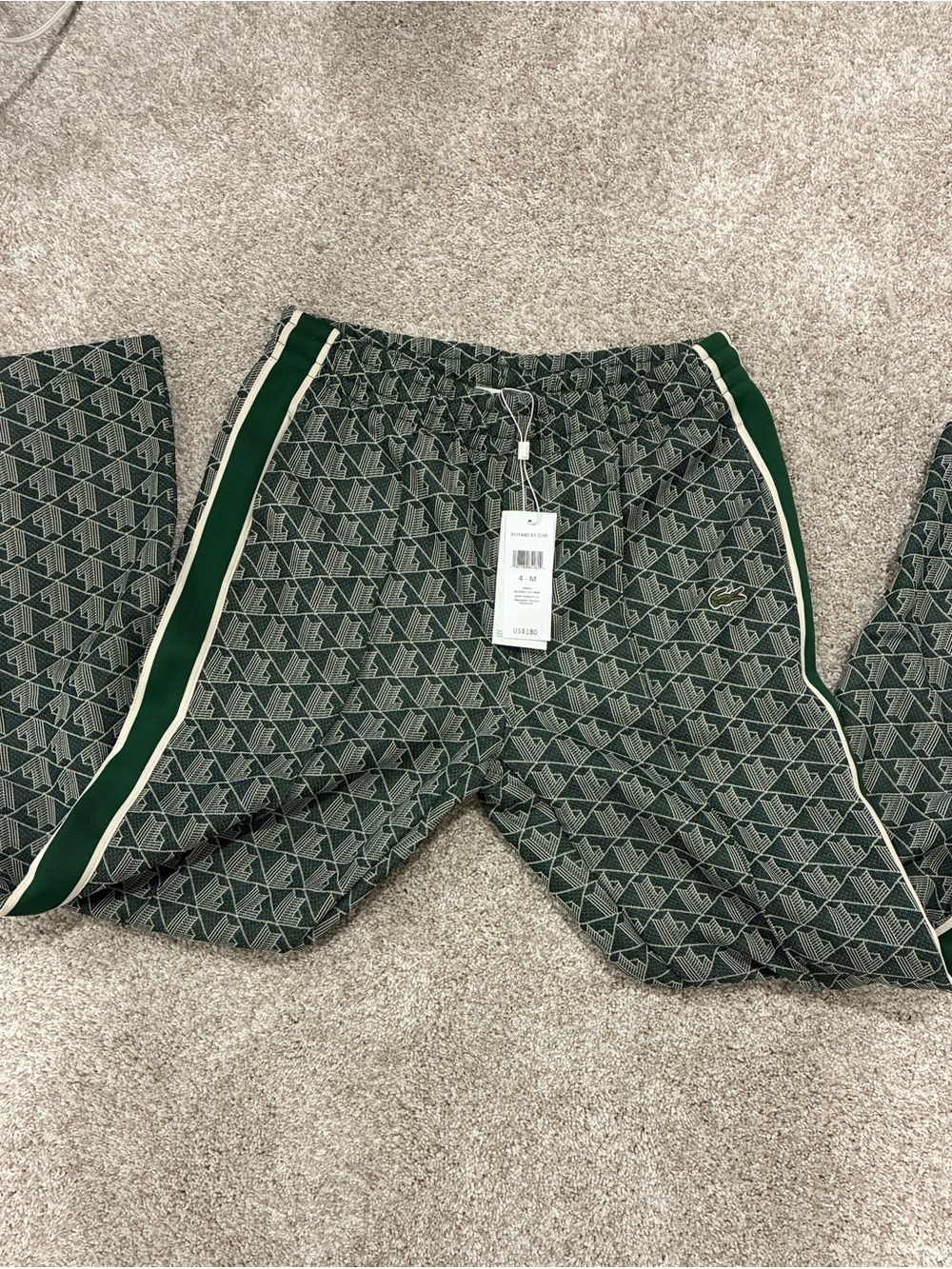 Lacoste Green Geometric Print Track Pants with Side Stripe